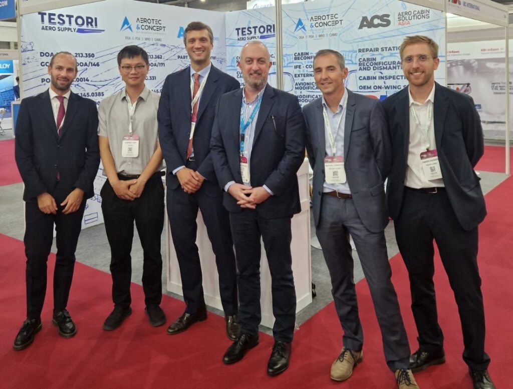 Joint team photo of Testori Aero Supply and partners at their MRO Asia-Pacific 2026 exhibition stand in Singapore.